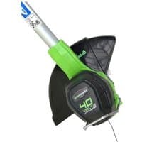 Greenworks 40V line trimmer with green handle, black guard, and silver shaft, bare unit without battery.