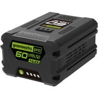 Black Greenworks GWG60B4 60V 4Ah battery with green and white labels, vented sides, and charge indicator lights.