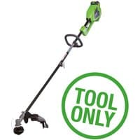 Greenworks 40V brushless trimmer, bright green body, black shaft, loop handle, labeled "Tool Only" in green circle.