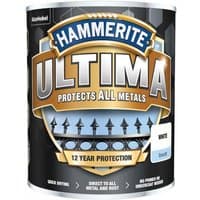 Hammerite Ultima Metal Paint Smooth White 750ml can with bold blue and gold label, black background.