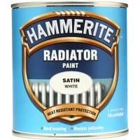 Hammerite Radiator Enamel can, satin white, 500ml, blue label with radiator image and heat resistant protection text.