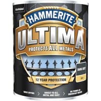 Hammerite Ultima Metal Paint Matt can, black with silver and gold accents, promises 12-year protection.
