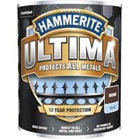 Hammerite Ultima Metal Paint Smooth, brown can with protective metal fence graphic and 12-year protection label.