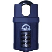 Blue Henry Squire push button combination padlock with closed shackle and four-digit code panel.