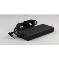Black HP 710415-001 power adapter with rectangular shape and attached coiled cable with angled connector.