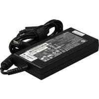 Black HP AC Power Adapter 19.5V 120W with attached power cable, rectangular shape, detailed label on top.