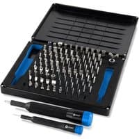 iFixit EU145392-1 electronic repair tool kit with black case, assorted precision bits, and two blue-handled drivers