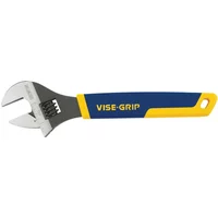 Irwin adjustable wrench, 10-inch, silver jaw, blue and yellow handle, Vise Grip branding.