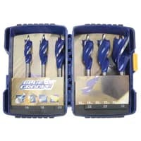 Irwin Bluegroove 6X 6Pc Set with blue spade drill bits in a blue plastic case with transparent lid.