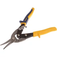 Irwin Straight Cut Utility Snips with blue and yellow handles and sharp silver blades.