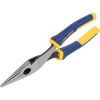 Long nose pliers with blue and yellow rubber grips, silver metal jaws, and precision tip by Irwin® Vise-Grip®.