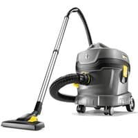 Kärcher T 11/1 dry vacuum cleaner, gray with yellow accents, black hose, and wheeled base.