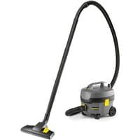 Kärcher T 7/1 Professional Dry Vacuum Cleaner, gray with yellow accents, long black hose, and sturdy wheels.