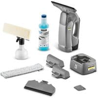 Kärcher WVP 10 Adv grey window vac with spray bottle, cleaning pads, charger, and blue cleaning solution.