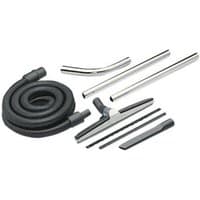 Black hose with silver metal tubes and various nozzle attachments for Karcher building trade accessory kit.