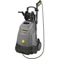Gray Karcher HDS5/11UX hot water pressure washer with hose reel, wheels, and yellow accents.