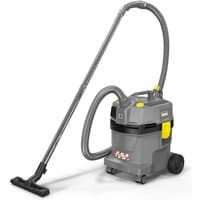 Karcher wet and dry vacuum cleaner, gray with yellow accents, large wheels, and a long flexible hose.