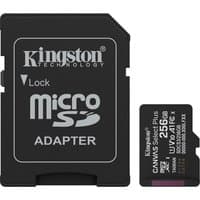 Black Kingston 256GB microSDXC card with white text, includes black adapter with lock switch.