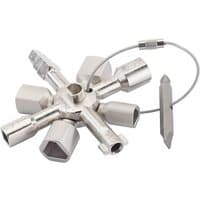 Knipex Twin Key with multiple silver tool ends, central hub, and attached cable for various utility applications.