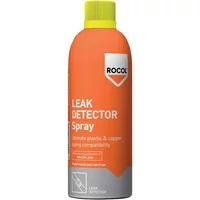 Orange Rocol Leak Detector Spray 360ml can with yellow cap and white label detailing plastic and copper compatibility.