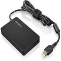 Black Lenovo 65W power adapter with rectangular shape and attached cable featuring a yellow-tipped connector.