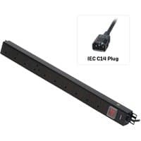 Black Lindy vertical PDU with 10 UK mains sockets, red power switch, and IEC C14 plug cable.