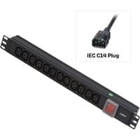 Black Lindy 1U 12 Way IEC PDU with horizontal sockets, IEC mains cable, and red power switch.