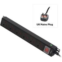 Black Lindy 6 Way UK mains sockets, vertical PDU with red switch and UK mains plug.