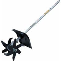 Makita cultivator attachment with silver shaft, black rotating tines, and protective shield for multi-function power units.