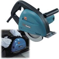Makita 4131 metal cutting circular saw, blue body, black handle, visible blade, and 110V power cord.