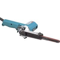 Makita 9032 9mm Filing Belt Sander, teal body, long narrow sanding arm, black handle, and power cord.