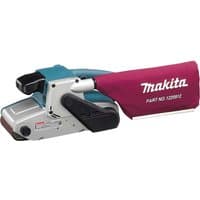 Makita 9404 belt sander, teal and silver body, black handle, with maroon dust bag attached.
