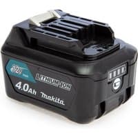 Black Makita 12V CXT 4.0Ah lithium battery with charge indicator and compact design.