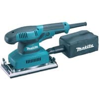 Blue and black Makita 1/3 sheet finishing sander with ergonomic handle and dust bag attachment.