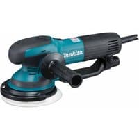 Blue and black Makita random orbit sander with 150mm disc, ergonomic handle, and power cord.