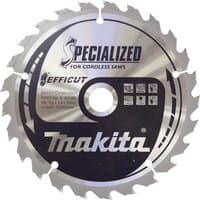 Circular silver Makita saw blade with black center, specialized for cordless saws, featuring sharp teeth and branding.