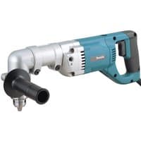 Makita angle drill with teal body, silver head, black handle, and auxiliary side grip.