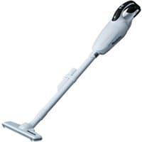 Makita white cordless stick vacuum with black handle, slim design, and detachable nozzle.