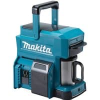 Blue Makita cordless coffee maker with black handle, stainless steel carafe, and battery compartment.