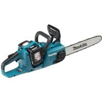 Teal Makita cordless chainsaw with 35cm bar, brushless motor, dual 18V batteries, and ergonomic handle.