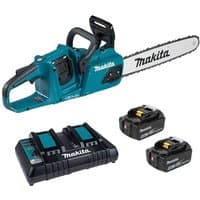 Blue Makita cordless chainsaw with 35cm blade, two 18V 5Ah batteries, and dual battery charger.