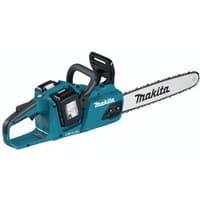 Makita blue and black cordless chainsaw with 40cm blade, two 6Ah batteries, and charger included.