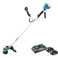 Makita brushcutter with blue motor, black handles, silver shaft, and two 5.0Ah batteries with charger.