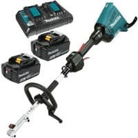 Makita DUX60PG2 power head with teal motor, black handle, two 6Ah batteries, and dual-port charger.