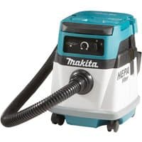 Makita dust extractor with teal and white body, HEPA filter label, black hose, and control panel on top.