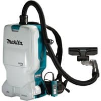 Makita backpack vacuum cleaner, white and teal, with black hose and HEPA filter, cordless design.