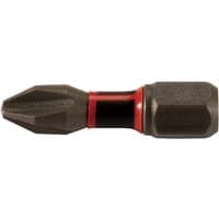 Makita PH2-25mm impact bit with black and red band, hexagonal base, and precision tip for screwdriving tasks.