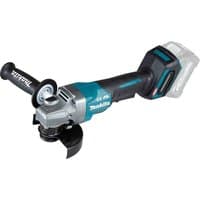 Makita GA013G 40v cordless brushless angle grinder, teal and black, with side handle and 125mm disc.