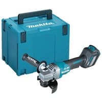 Makita 40VMAX XGT angle grinder, teal and black, with disc, side handle, and teal Makpac carrying case.