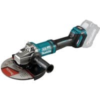 Makita 40VMAX XGT 230mm angle grinder, teal and black, with side handle and exposed battery slot.